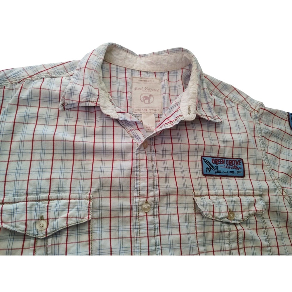 Red Camel Shirt‎ Green Grove Valley Surf Short Sleeve Red Plaid Patch Mens Large